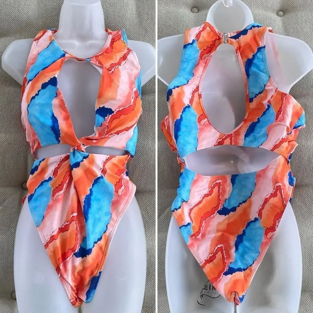 NEW SHEIN One Piece Swimsuit Orange Blue Abstract Pattern 4XL